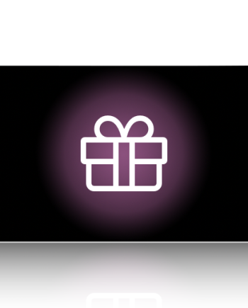 Gift icon on black background with purple glow and reflection.