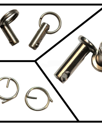 Split image showing two locking pin types: top with rings, bottom with clips, and right with integrated lock.