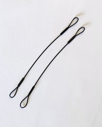 Two black eyeglass chain connectors with loops on both ends, displayed on a white background.