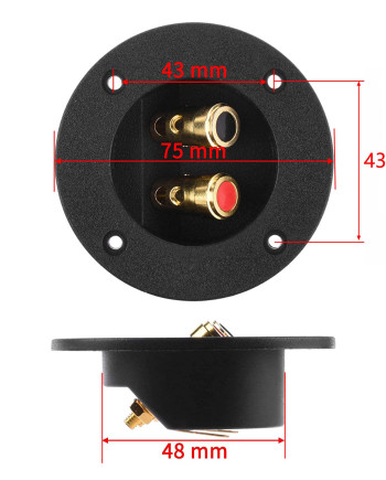 Round speaker terminal with gold-plated connectors and dimensions marked in millimeters.